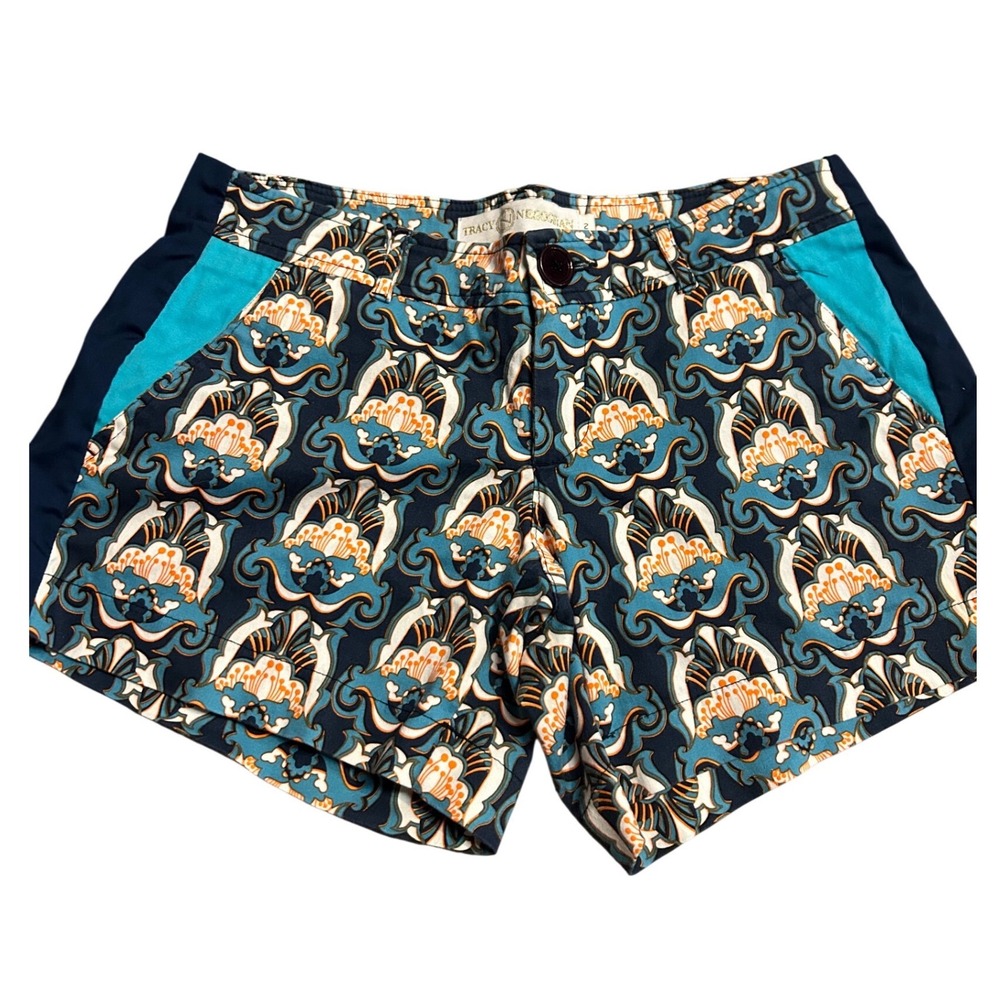 Tracy Negoshian Womens Navy Orange Teal Floral Print Shorts Size 2 Elephant Logo